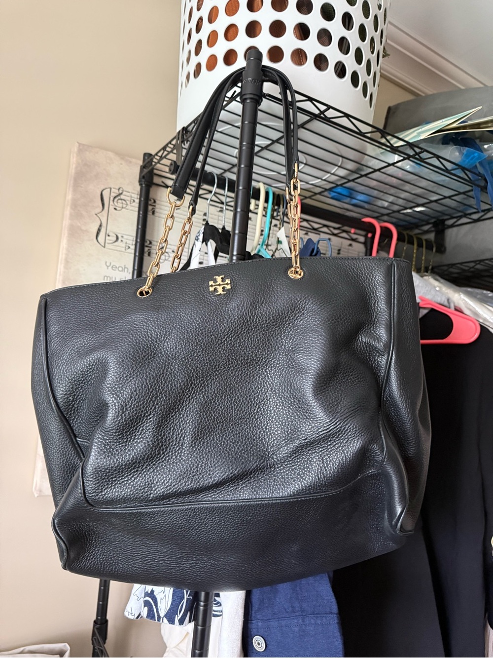 Tory Burch Black Pebbled Leather Tote with Gold Chain Handles